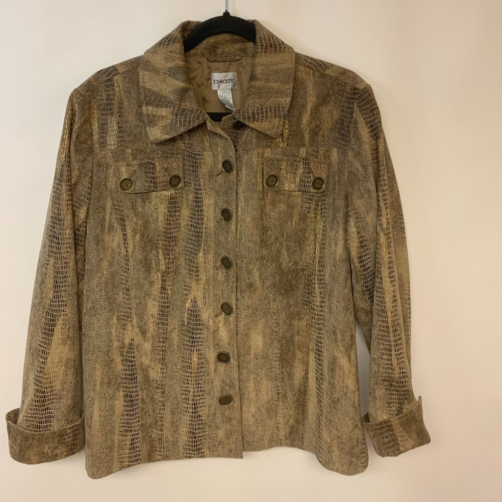 Chico's Womens Jacket Bomber Brown Reptile Metallic Causal SZ 2(12-14 M)